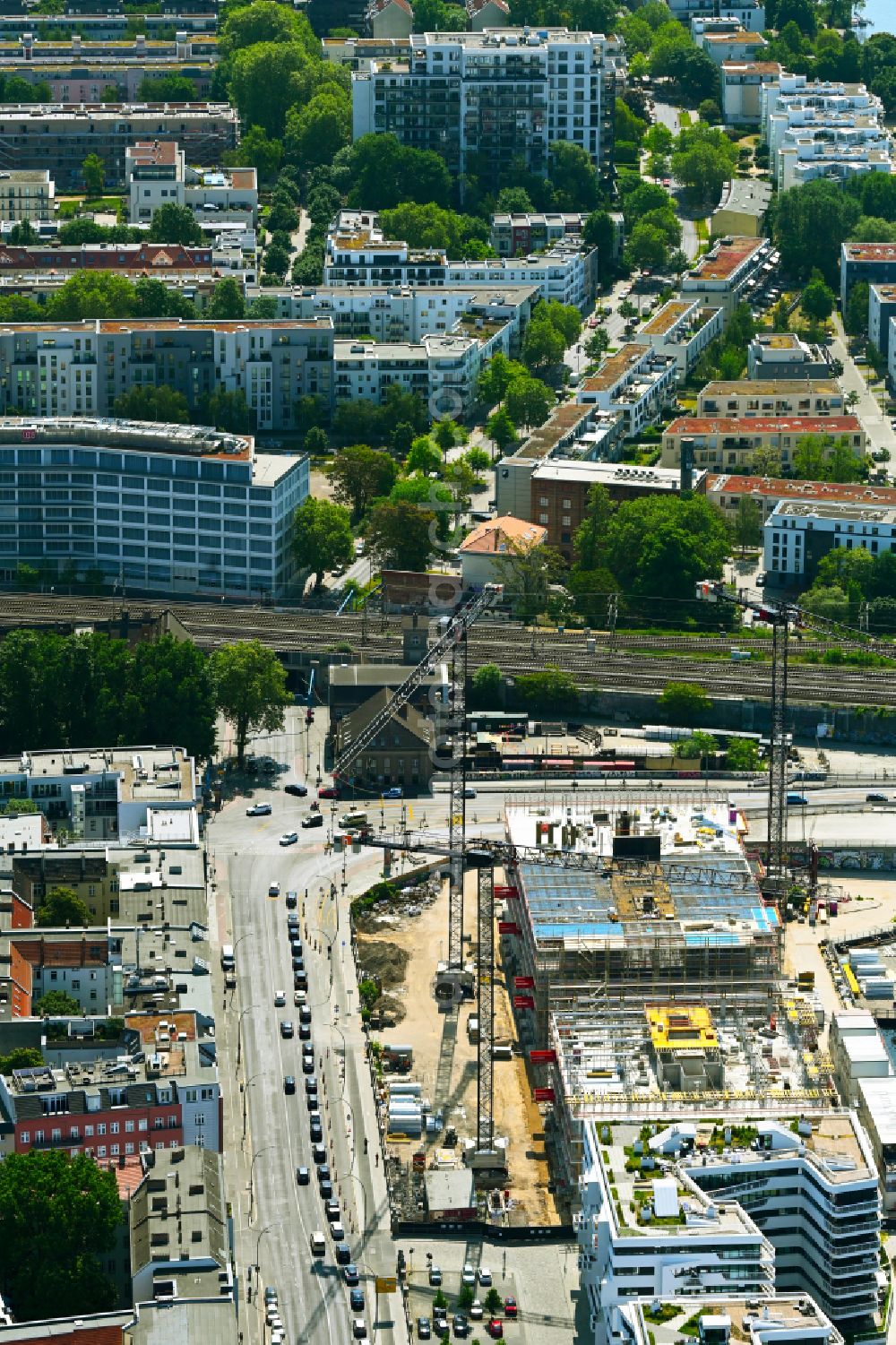 Aerial image Berlin - Construction site to build a new office and commercial building Dockyard Waterfront Offices of East-Port-Area GmbH on street Stralauer Allee in the district Friedrichshain in Berlin, Germany