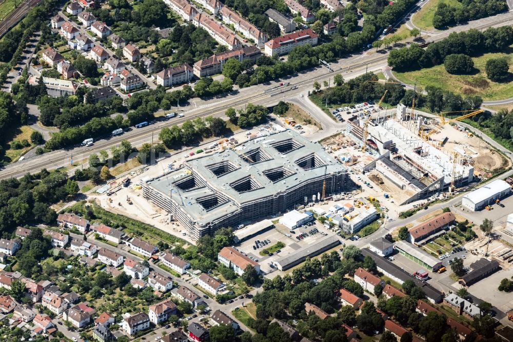 Karlsruhe from above - Construction site to build a new office and commercial building of dm-drogerie markt GmbH + Co. KG on Alte Karlsruher Strasse in Karlsruhe in the state Baden-Wurttemberg, Germany