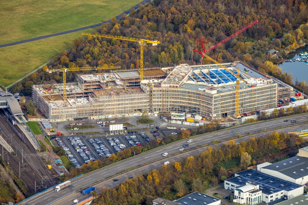 Aerial image Düsseldorf - Construction site for a new office and commercial building EUREF-Campus, an innovative office location directly at Dusseldorf airport train station in the Lohausen district of Dusseldorf in the Ruhr area in the state of North Rhine-Westphalia, Germany