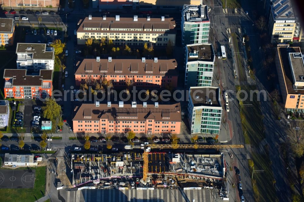 Berlin from the bird's eye view: Construction site to build a new office and commercial building Am Forum and Ecowiss on Erich-Thilo-Strasse corner Rudower Chaussee in Berlin, Germany