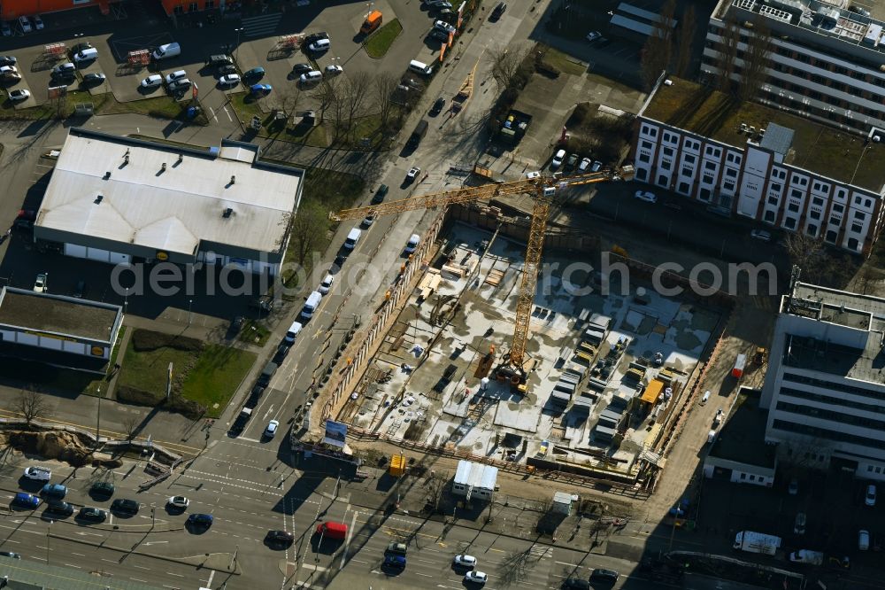 Berlin from above - Construction site to build a new office and commercial building on Frankfurter Allee corner Buchberger Strasse in the district Lichtenberg in Berlin, Germany
