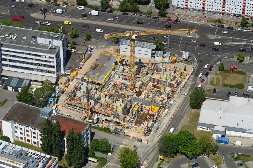 Aerial photograph Berlin - Construction site to build a new office and commercial building on Frankfurter Allee corner Buchberger Strasse in the district Lichtenberg in Berlin, Germany