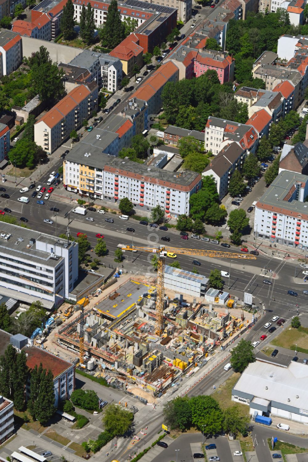 Aerial image Berlin - Construction site to build a new office and commercial building on Frankfurter Allee corner Buchberger Strasse in the district Lichtenberg in Berlin, Germany
