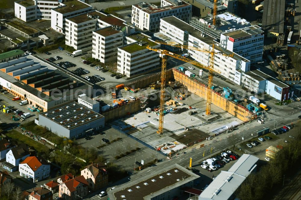 Stuttgart from above - Construction site to build a new office and commercial building of the major construction project Urbanic also Fritz-Campus on Marconistrasse - Schwieberdinger Strasse in the district Zuffenhausen-Am Stadtpark in Stuttgart in the state Baden-Wuerttemberg, Germany