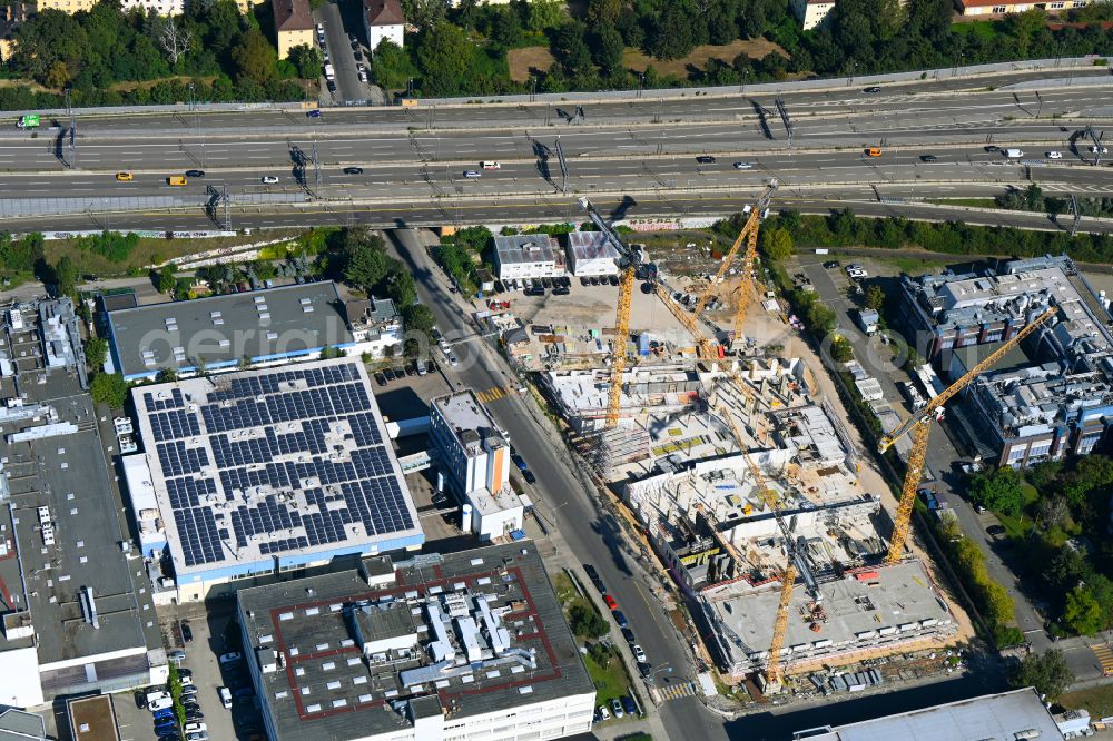 Berlin from above - Construction site to build a new office and commercial building INK Berlin - Inspire Neukoelln on Ballinstrasse - Woermannkehre in the district Neukoelln in Berlin, Germany