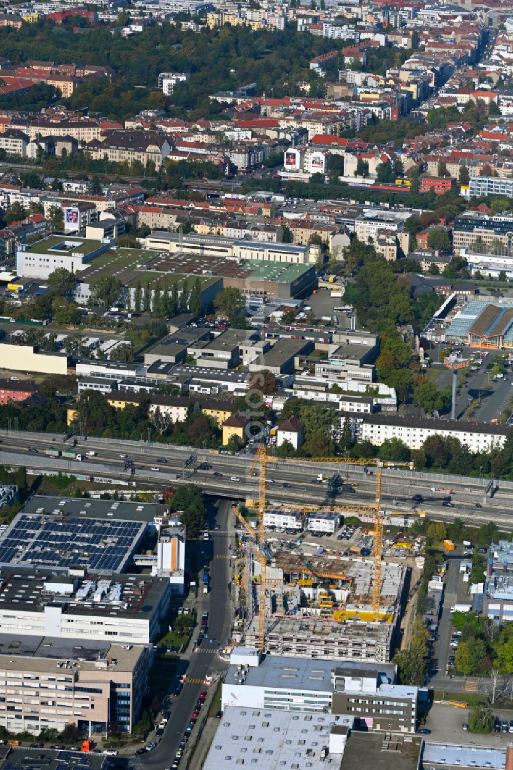 Berlin from above - Construction site to build a new office and commercial building INK Berlin - Inspire Neukoelln on Ballinstrasse - Woermannkehre in the district Neukoelln in Berlin, Germany