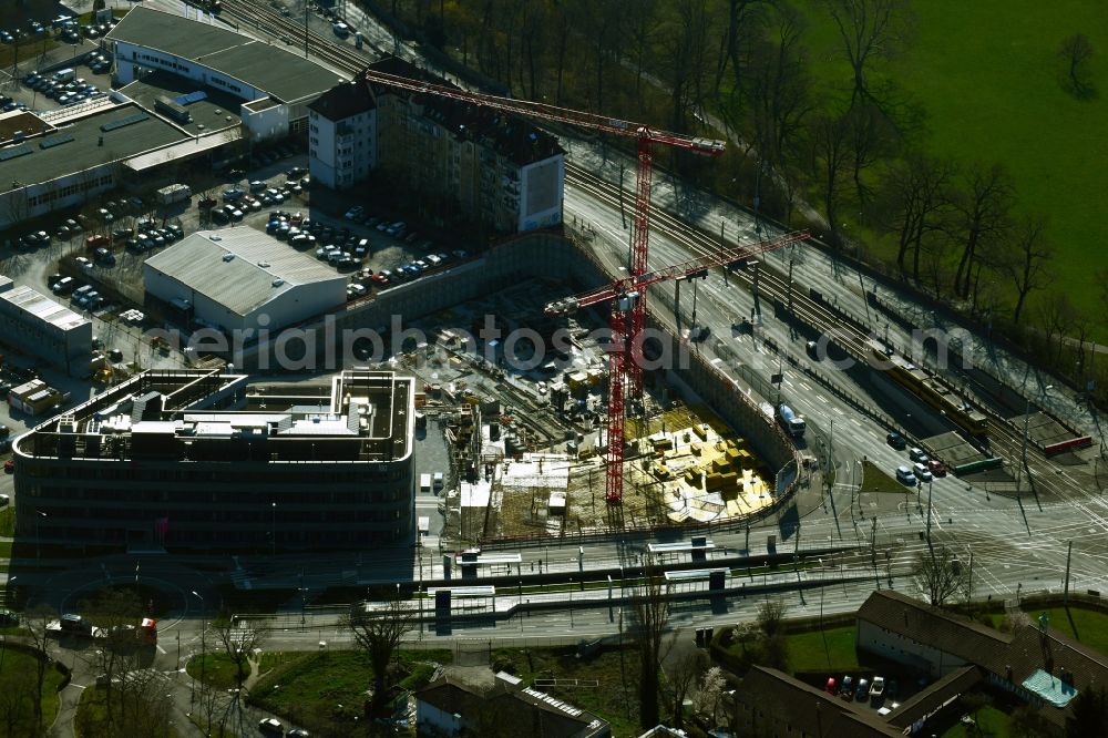 Stuttgart from the bird's eye view: Construction site to build a new office and commercial building Leo - Business Campus Stuttgart on Loewentorstrasse - Pragstrasse in Stuttgart in the state Baden-Wurttemberg, Germany