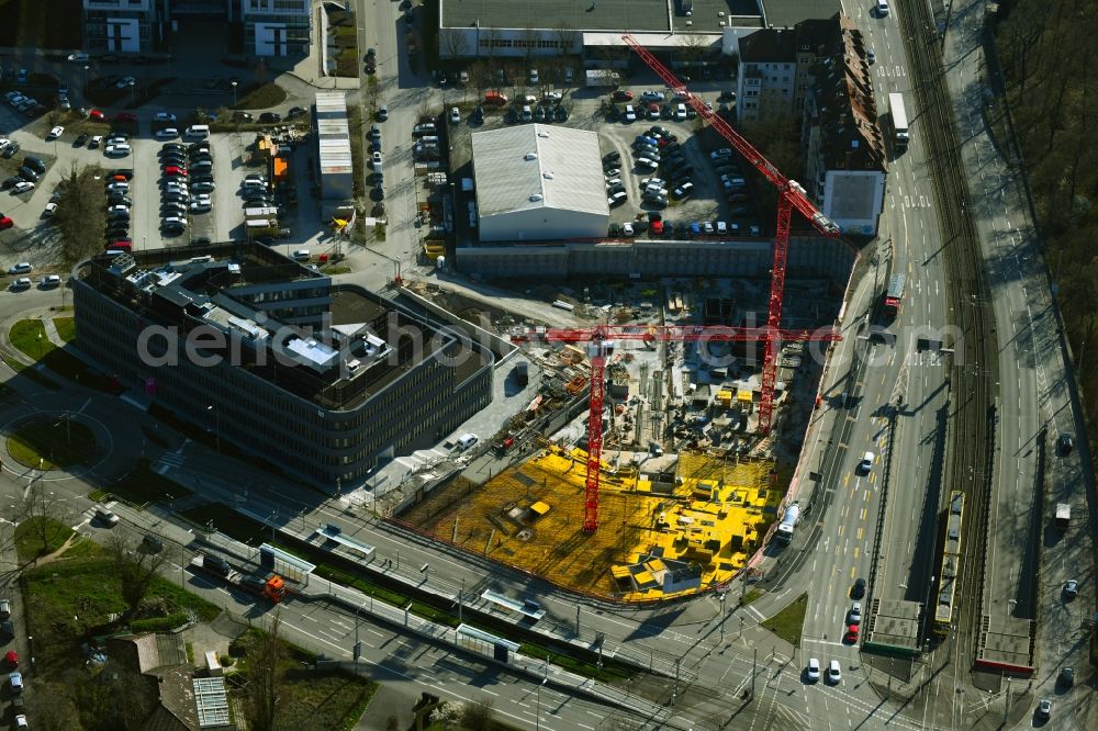Aerial image Stuttgart - Construction site to build a new office and commercial building Leo - Business Campus Stuttgart on Loewentorstrasse - Pragstrasse in Stuttgart in the state Baden-Wurttemberg, Germany