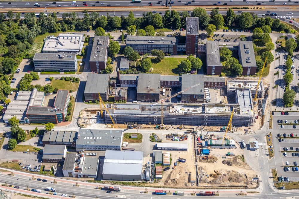 Essen from above - Construction site to build a new office and commercial building of TUeV NORD AG Am Technologiepark in the district Frillendorf in Essen in the state North Rhine-Westphalia, Germany