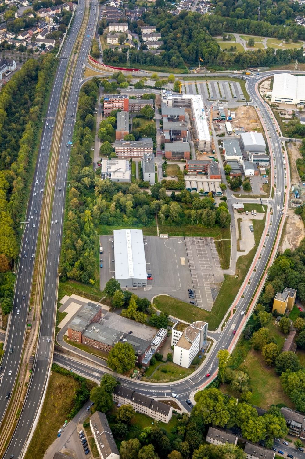 Essen from the bird's eye view: Construction site to build a new office and commercial building of TUeV NORD AG Am Technologiepark in the district Frillendorf in Essen in the state North Rhine-Westphalia, Germany