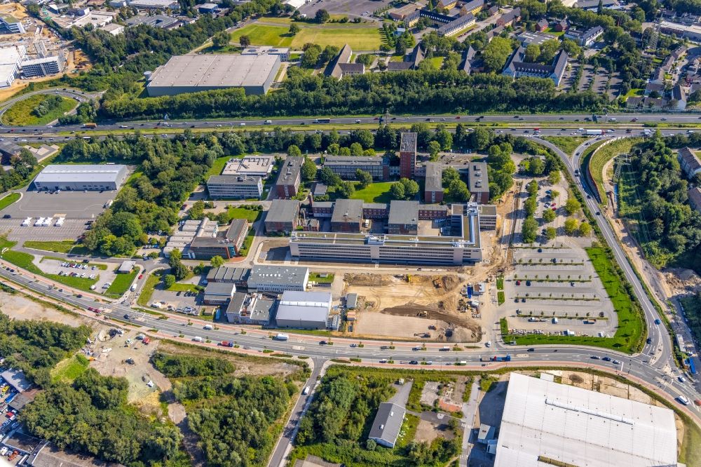 Essen from above - Construction site to build a new office and commercial building of TUeV NORD AG Am Technologiepark in the district Frillendorf in Essen at Ruhrgebiet in the state North Rhine-Westphalia, Germany
