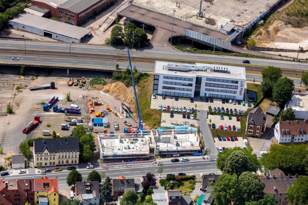 Bochum from the bird's eye view: Construction site to build a new office and commercial building office 51A?7 Alte Wittener Strasse in the district Laer in Bochum in the state North Rhine-Westphalia, Germany