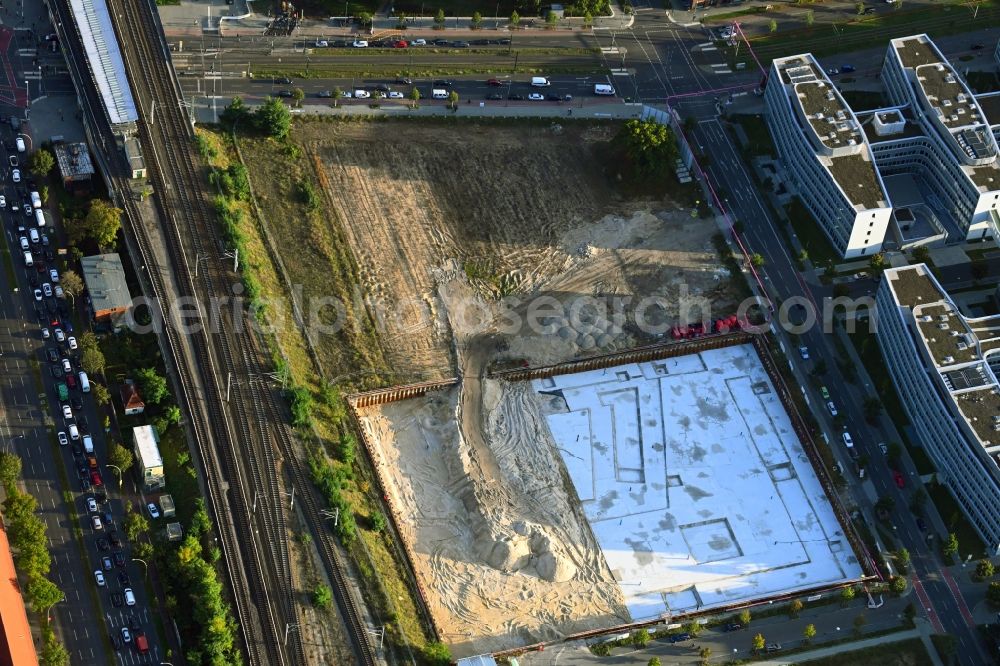 Aerial photograph Berlin - Construction site to build a new office and commercial building OfficeLab Campus Adlershof on Wagner-Regeny-Strasse corner Hans-Schmidt-Strasse in the district Adlershof in Berlin, Germany