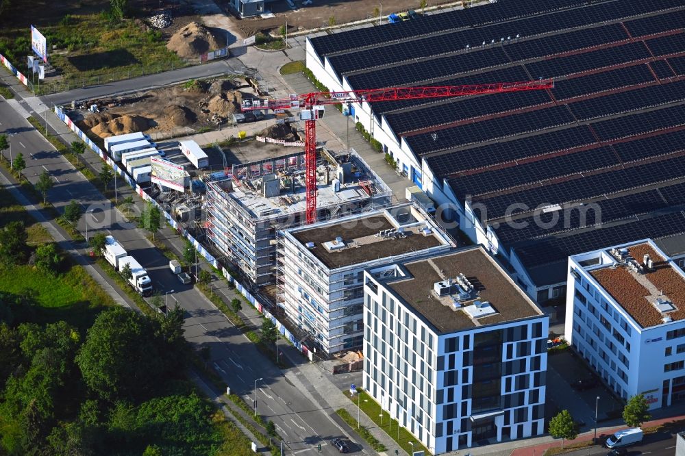 Berlin from above - New construction of an office and commercial building Am Oktogon at the Rudower Chaussee in the district Adlershof in Berlin, Germany