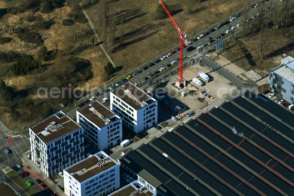 Aerial image Berlin - Construction site to build a new office and commercial building Am Oktogon on Hermann-Dorner-Allee in the district Adlershof in Berlin, Germany