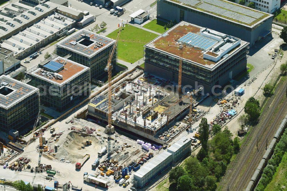 Aerial image München - Construction site to build a new office and commercial building on Lerchenauer Strasse corner Am Oberwiesenfeld in the district Milbertshofen-Am Hart in Munich in the state Bavaria, Germany