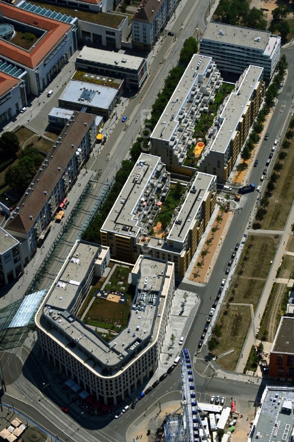 Dresden from above - New build of an office and commercial building Haus Postplatz in the district Wilsdruffer Vorstadt in Dresden in the state Saxony, Germany