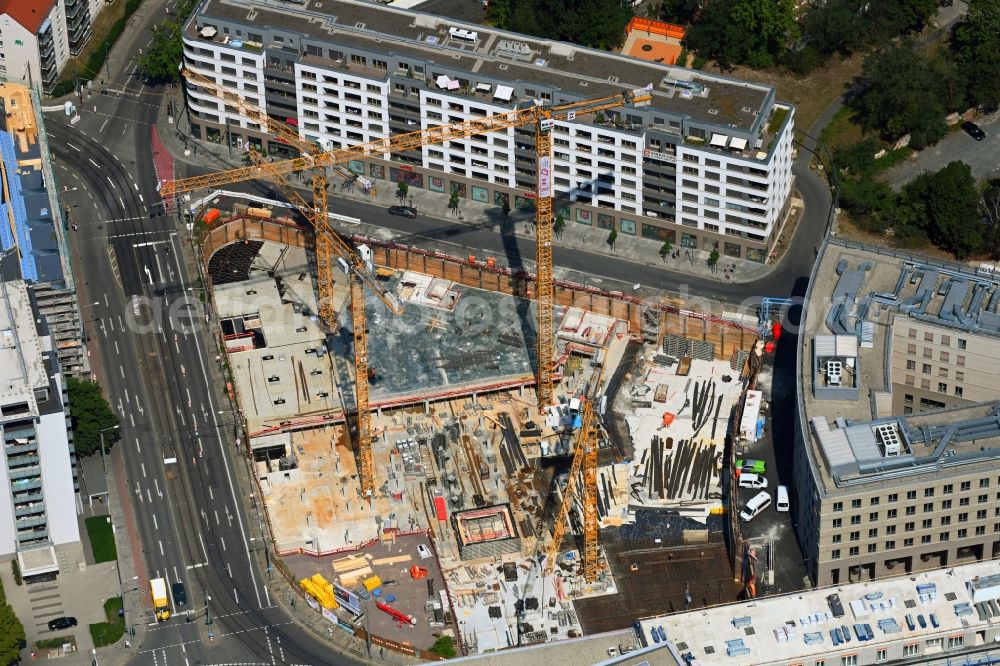 Aerial image Dresden - Construction site to build a new office and commercial building of TLG-Neubauprojekts Annenhoefe along the Freiberger und Hertha-Lindner-Strasse in the district Wilsdruffer Vorstadt in Dresden in the state Saxony, Germany
