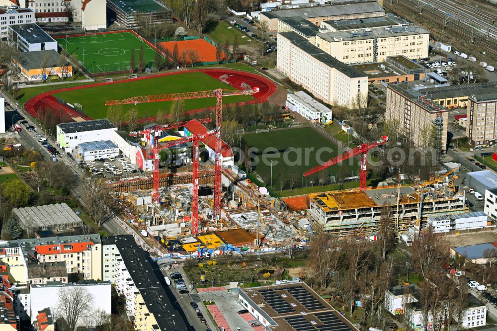 Berlin from above - Construction site to build a new office and commercial building PANDION OFFICEHOME Ostkreuz Campus A on street Boedikerstrasse in the district Friedrichshain in Berlin, Germany