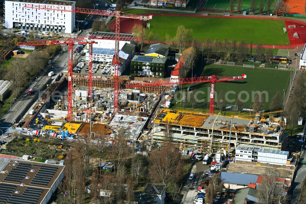 Berlin from the bird's eye view: Construction site to build a new office and commercial building PANDION OFFICEHOME Ostkreuz Campus A on street Boedikerstrasse in the district Friedrichshain in Berlin, Germany