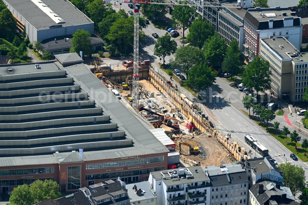 Hamburg from above - Construction site for a new office and commercial building Paulinhaus on the street Neuer Pferdemarkt - Neuer Kamp in the district of Sankt Pauli in Hamburg, Germany