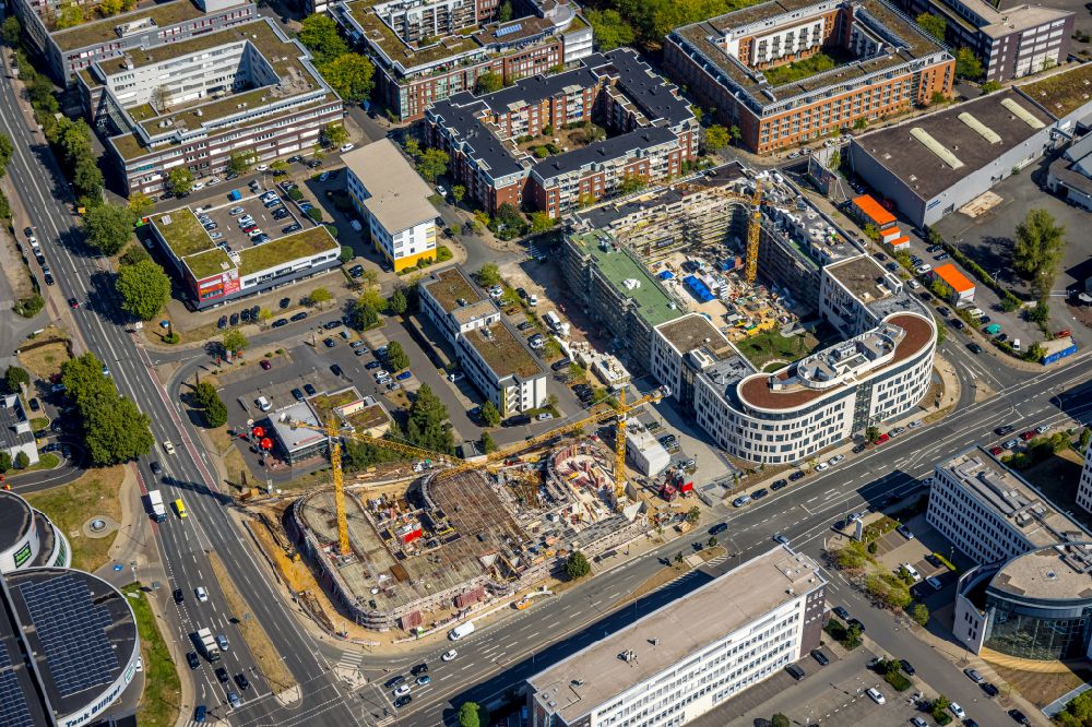 Essen from above - Construction site to build a new office and commercial building Max & Moritz on Frohnhauser street in the district Westviertel in Essen at Ruhrgebiet in the state North Rhine-Westphalia, Germany