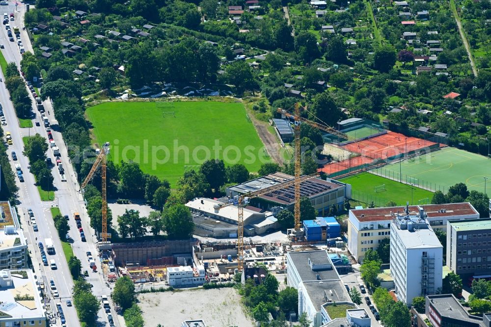 München from above - Construction site to build a new office and commercial building on Ruedesheimer Strasse Ecke Tuebinger Strasse in the district Sendling-Westpark in Munich in the state Bavaria, Germany