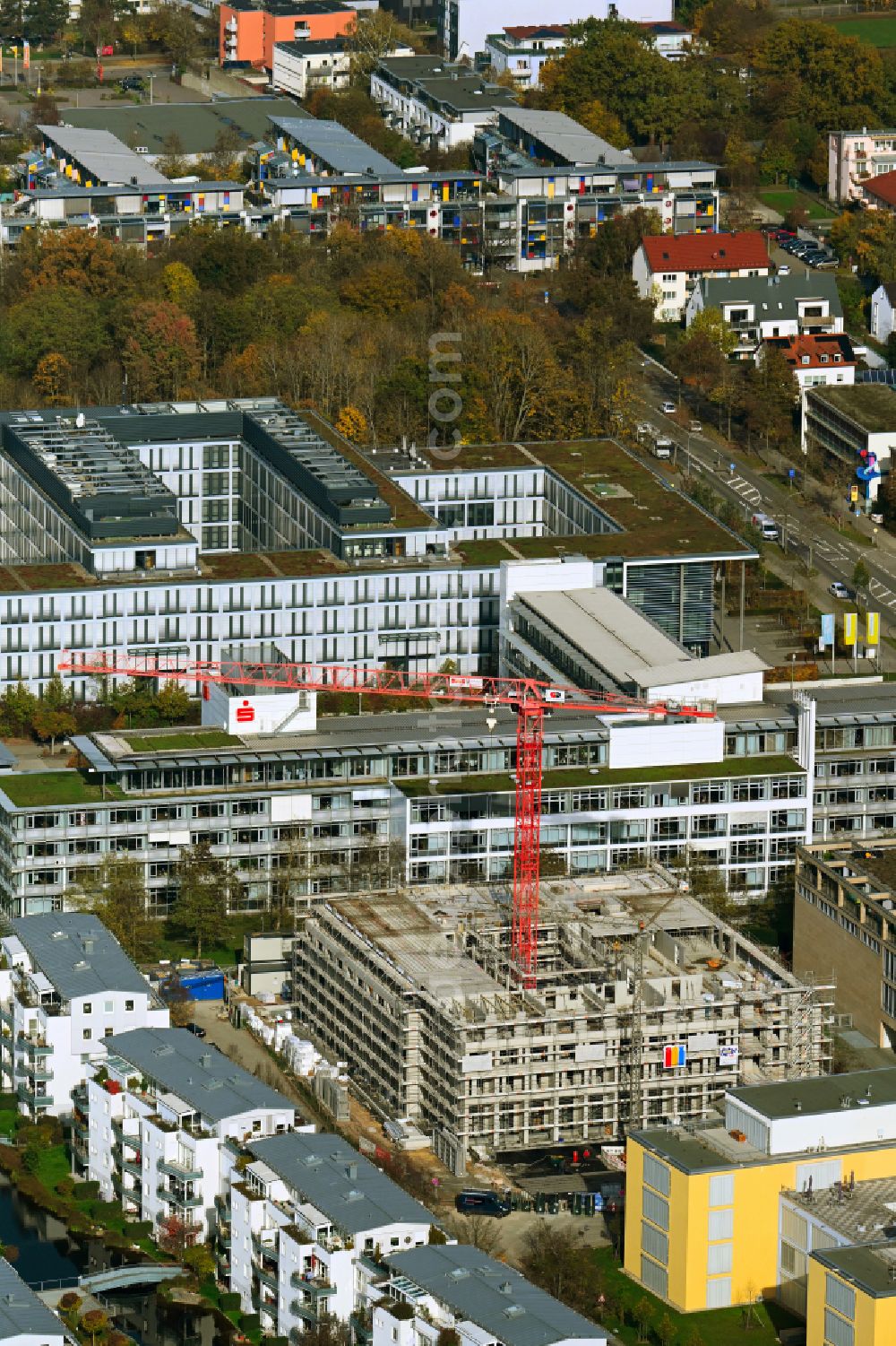 Regensburg from above - Construction site to build a new office and commercial building on street Dr.-Leo-Ritter-Strasse - Heinkelstrasse in Regensburg in the state Bavaria, Germany