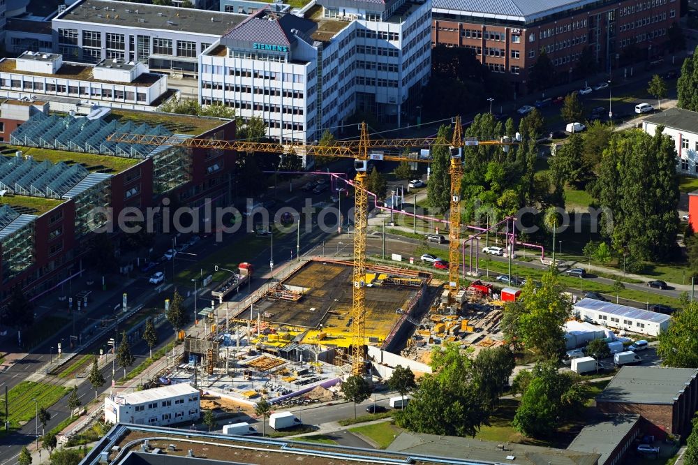 Berlin from above - Construction site to build a new office and commercial building on triangle Max-Born-Strasse - Carl-Scheele-Strasse - Rudower Chaussee in the district Adlershof in Berlin, Germany