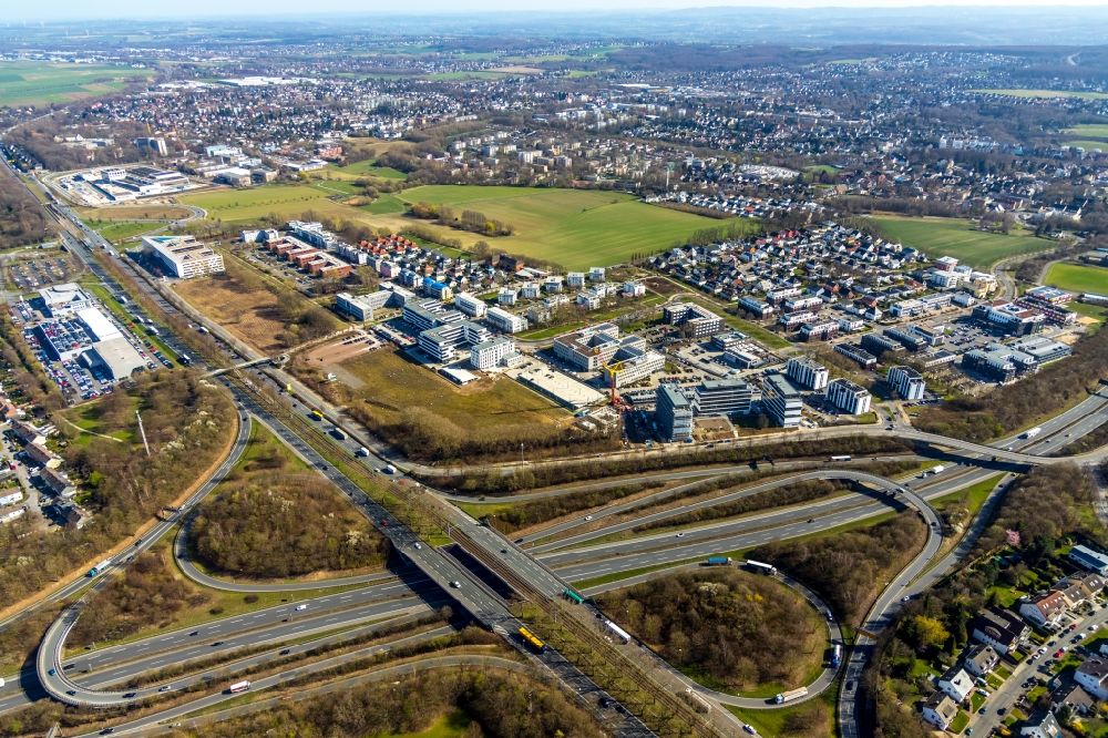 Dortmund from the bird's eye view: Construction site to build a new office and commercial building of Schuermann Immobiliengesellschaft GmbH & Co.KG on Freie-Vogel-Strasse overlooking the road course of the B1 - B236 Stadtkrone Ost in Dortmund in the state North Rhine-Westphalia, Germany