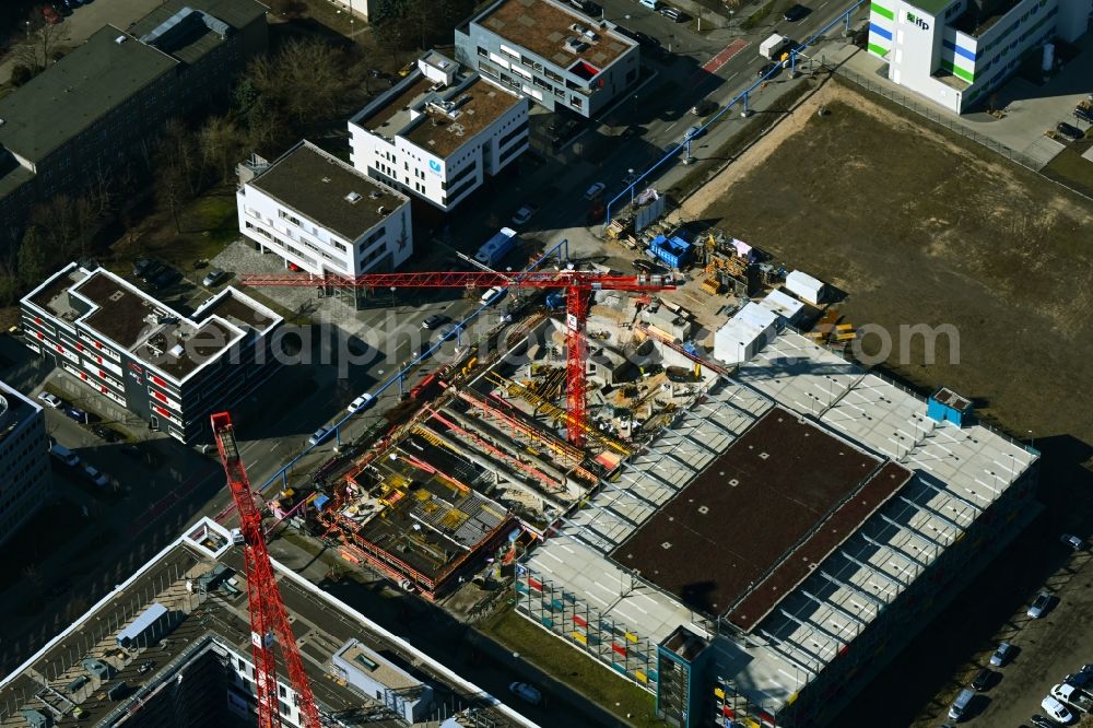 Aerial image Berlin - Construction site to build a new office and commercial building of Scienion AG on Wagner-Regeny-Strasse in the district Adlershof in Berlin, Germany