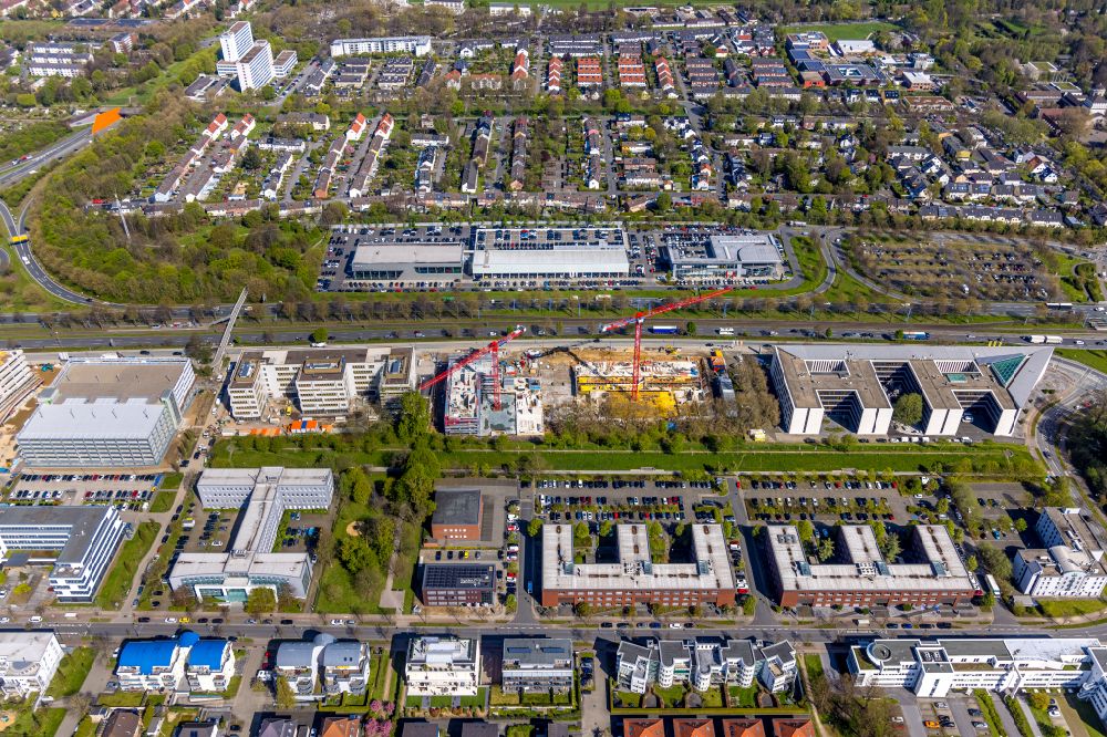Dortmund from above - Construction site to build a new office and commercial building SKOFFICE by Stadtkrone-Ost on street Freie-Vogel-Strasse in the district Schueren-Neu in Dortmund at Ruhrgebiet in the state North Rhine-Westphalia, Germany