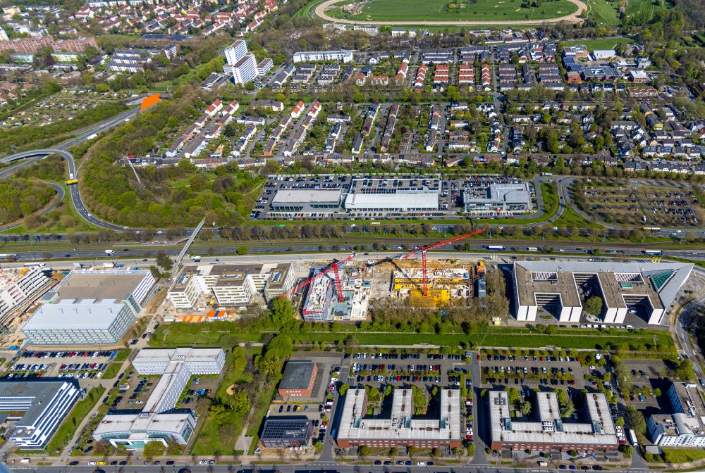 Dortmund from above - Construction site to build a new office and commercial building SKOFFICE by Stadtkrone-Ost on street Freie-Vogel-Strasse in the district Schueren-Neu in Dortmund at Ruhrgebiet in the state North Rhine-Westphalia, Germany