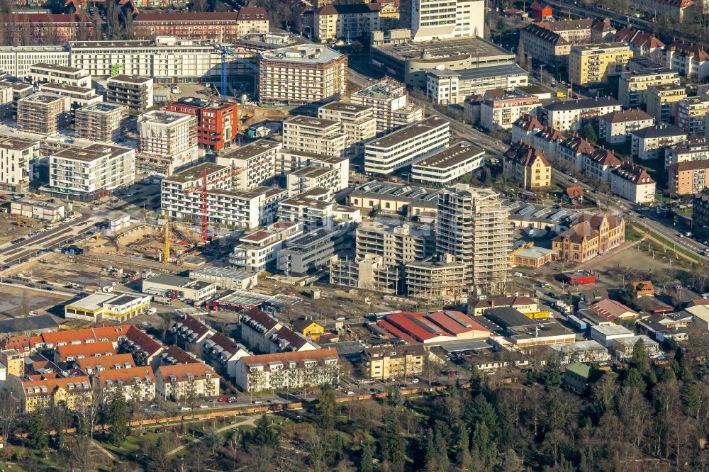 Freiburg im Breisgau from above - Construction site to build a new office and commercial building Smart Green Tower of Frey Gruppe on Zollhallenstrasse in Freiburg im Breisgau in the state Baden-Wurttemberg, Germany