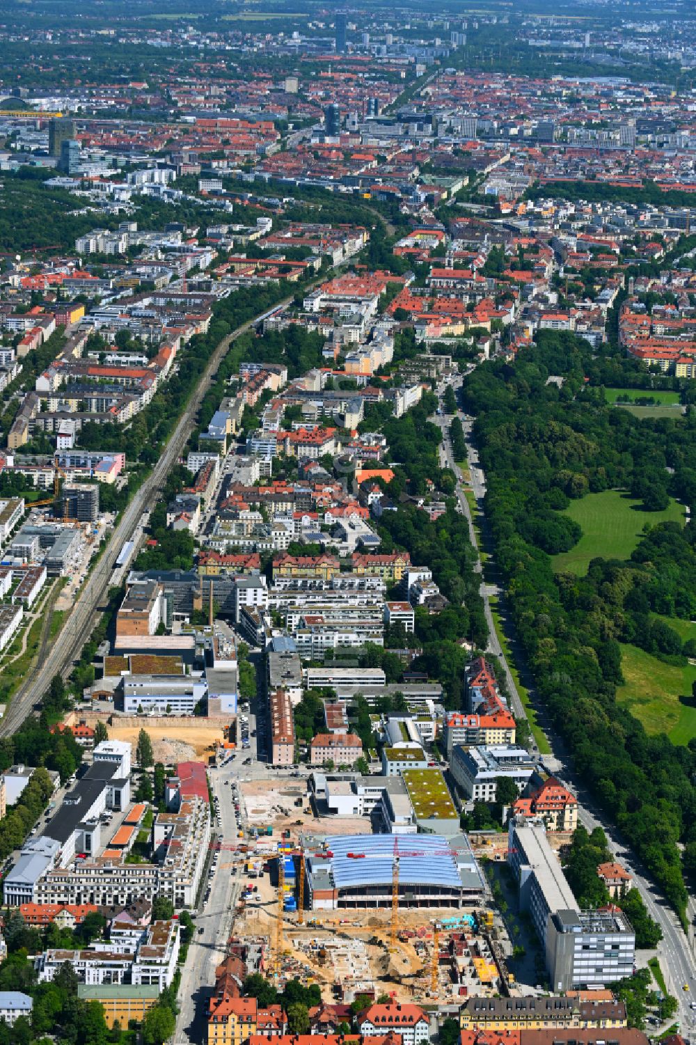 Aerial image München - Construction site to build a new office and commercial building SOuth HOrizon on Koppstrasse in the district Obersendling in Munich in the state Bavaria, Germany