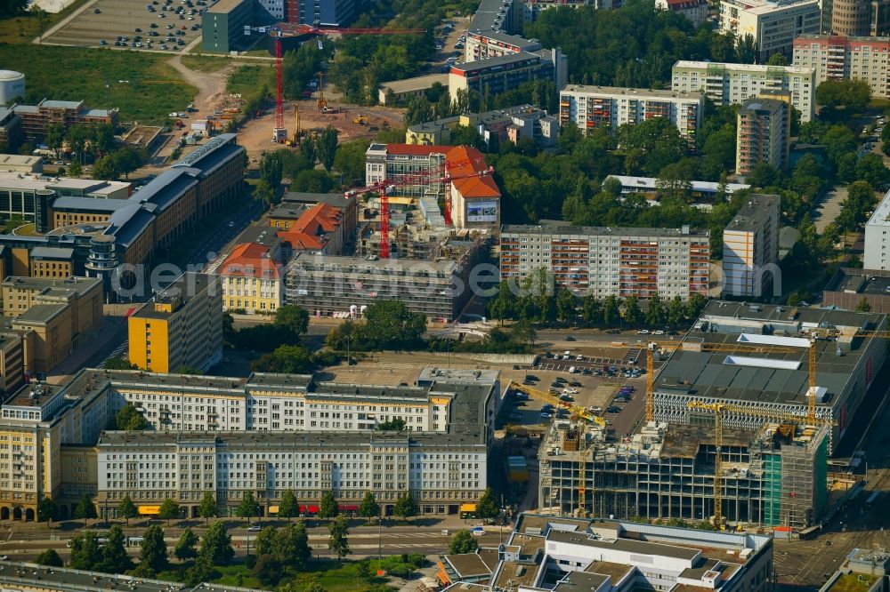 Magdeburg from the bird's eye view: Construction site to build a new office and commercial building of Staedtischen factorye Magdeburg on Ernst-Reuter-Allee corner Breiter Weg in the district Altstadt in Magdeburg in the state Saxony-Anhalt, Germany