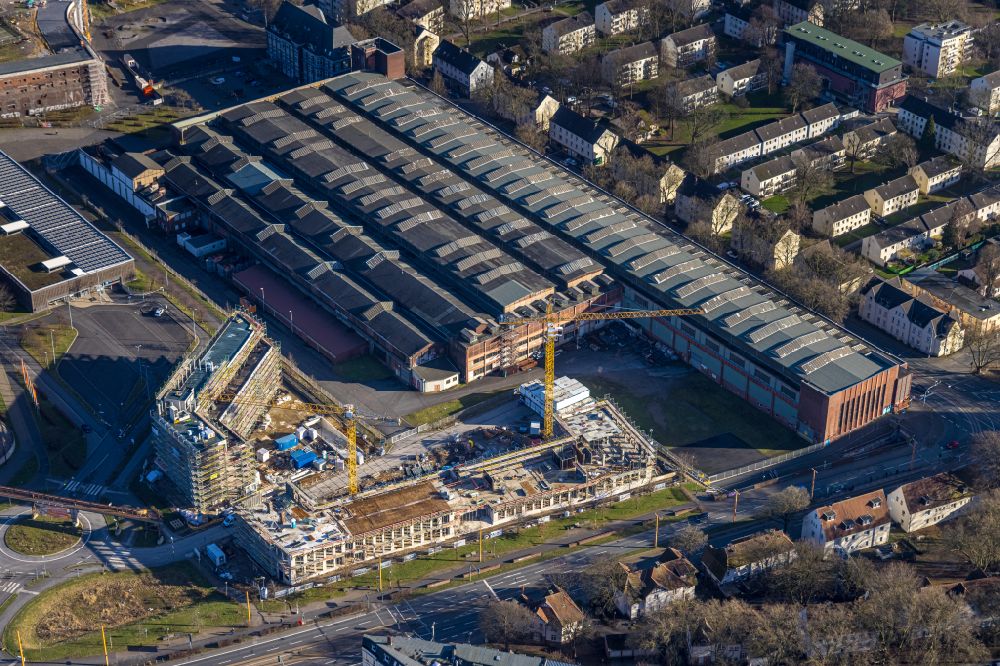 Aerial image Bochum - Construction site to build a new office and commercial building TRIUM - An of Jahrhunderthalle in Bochum at Ruhrgebiet in the state North Rhine-Westphalia, Germany