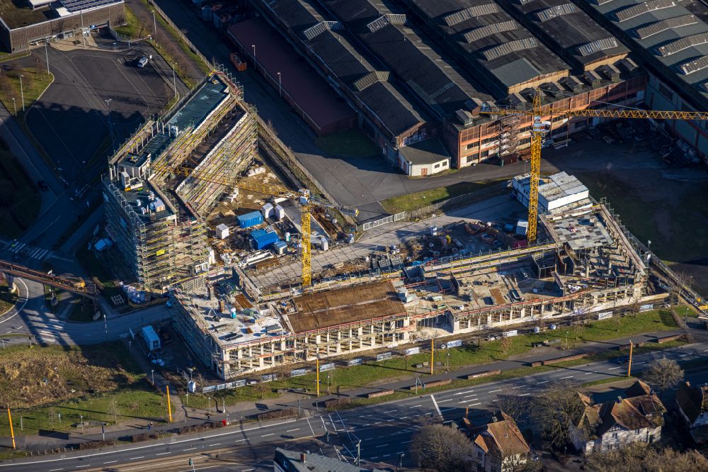 Aerial photograph Bochum - Construction site to build a new office and commercial building TRIUM - An of Jahrhunderthalle in Bochum at Ruhrgebiet in the state North Rhine-Westphalia, Germany