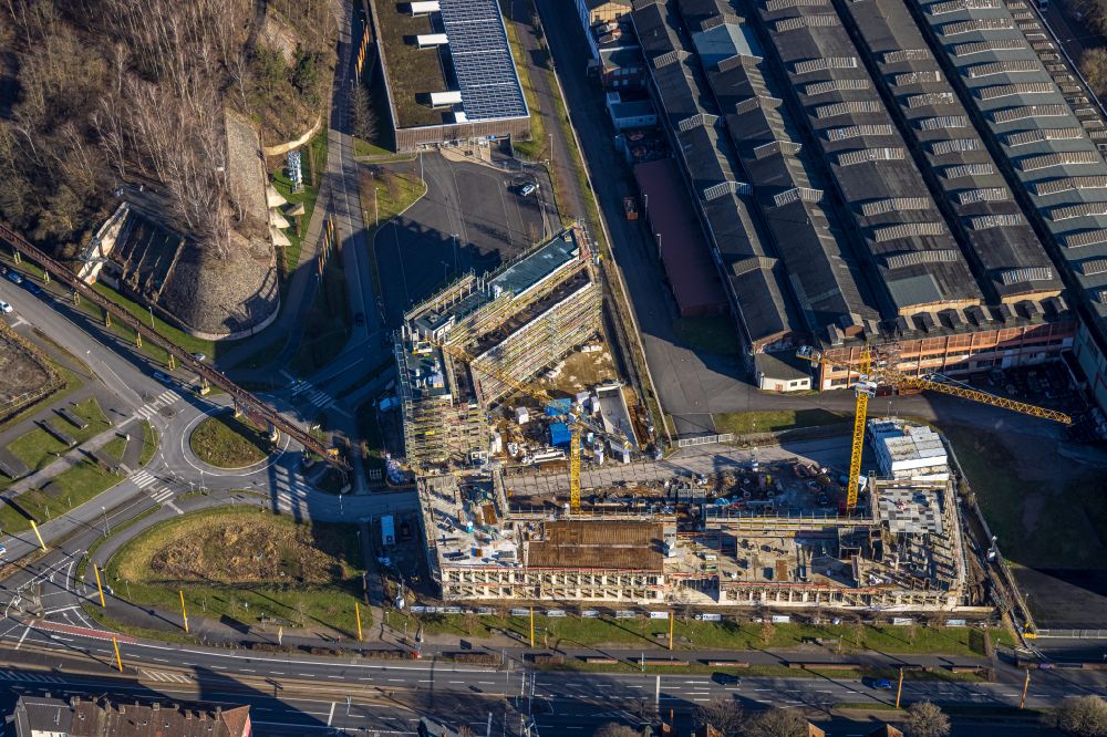 Bochum from above - Construction site to build a new office and commercial building TRIUM - An of Jahrhunderthalle in Bochum at Ruhrgebiet in the state North Rhine-Westphalia, Germany