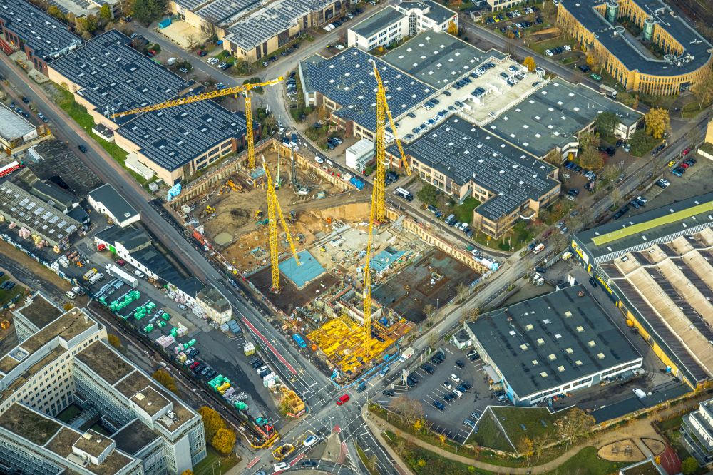 Düsseldorf from above - construction site to build a new office and commercial building TWIN CUBES on street Heerdter Lohweg - Willstaetterstrasse in the district Heerdt in Duesseldorf at Ruhrgebiet in the state North Rhine-Westphalia, Germany
