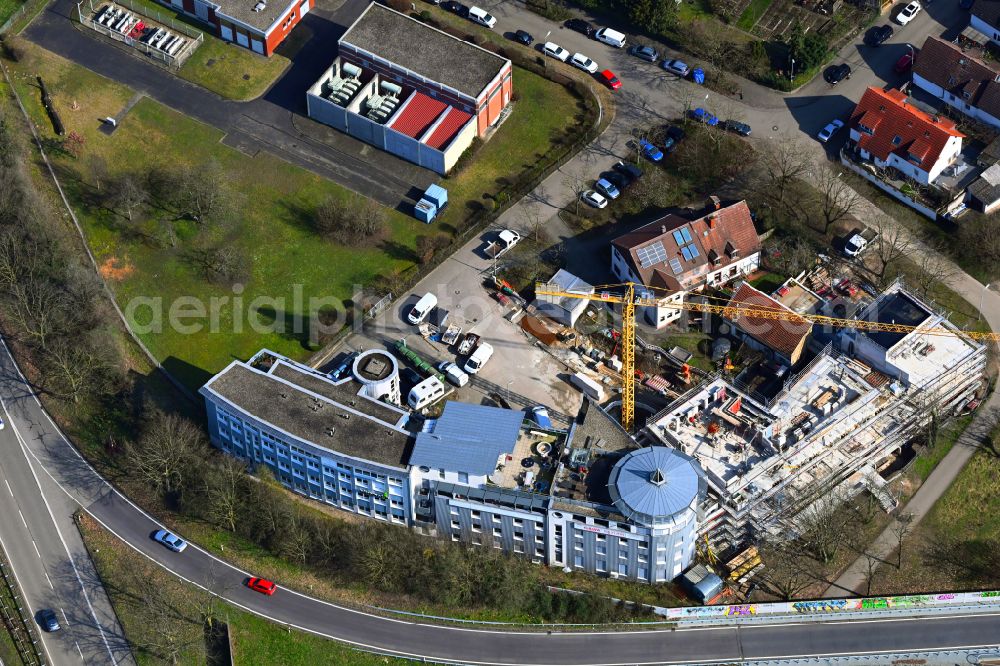 Aerial image Karlsruhe - Construction site to build a new office and commercial building of Vincent Systems GmbH on street Breite Strasse in the district Beiertheim - Bulach in Karlsruhe in the state Baden-Wuerttemberg, Germany