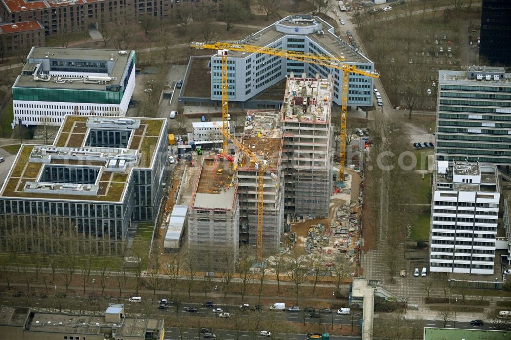 Aerial photograph Hamburg - Construction site for the new construction of an office and administration building on Kapstadtring in City Nord in the district of Winterhude in Hamburg, Germany