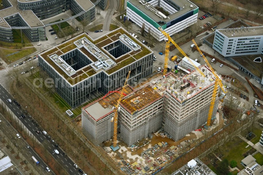 Hamburg from above - Construction site for the new construction of an office and administration building on Kapstadtring in City Nord in the district of Winterhude in Hamburg, Germany