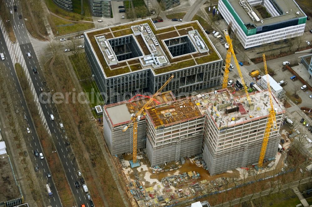 Hamburg from the bird's eye view: Construction site for the new construction of an office and administration building on Kapstadtring in City Nord in the district of Winterhude in Hamburg, Germany