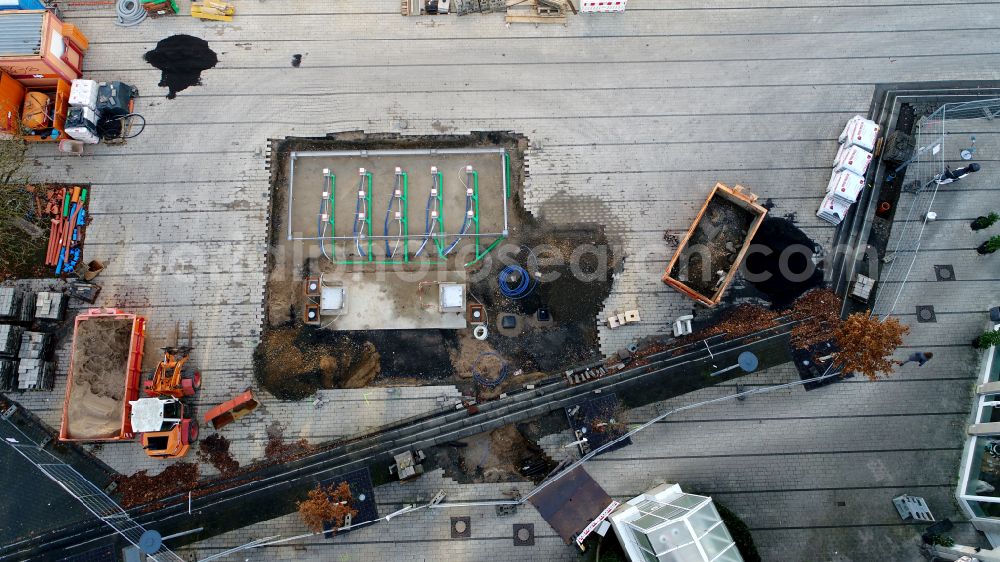 Hennef (Sieg) from the bird's eye view: New construction of a fountain on the market square in Hennef (Sieg) in the state North Rhine-Westphalia, Germany