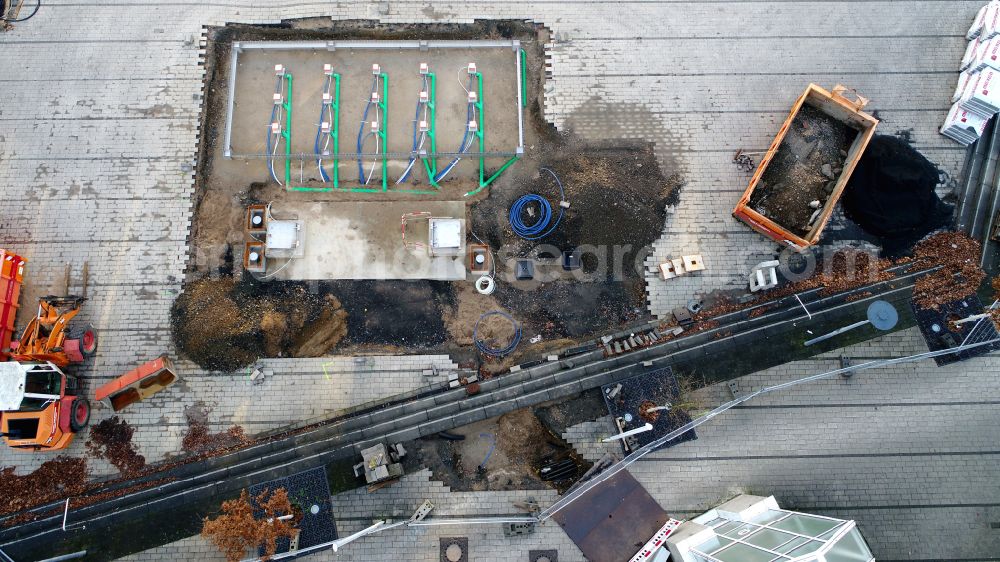 Aerial image Hennef (Sieg) - New construction of a fountain on the market square in Hennef (Sieg) in the state North Rhine-Westphalia, Germany