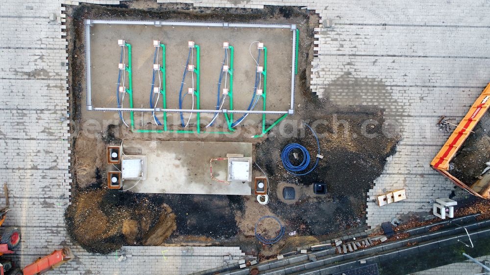 Aerial photograph Hennef (Sieg) - New construction of a fountain on the market square in Hennef (Sieg) in the state North Rhine-Westphalia, Germany