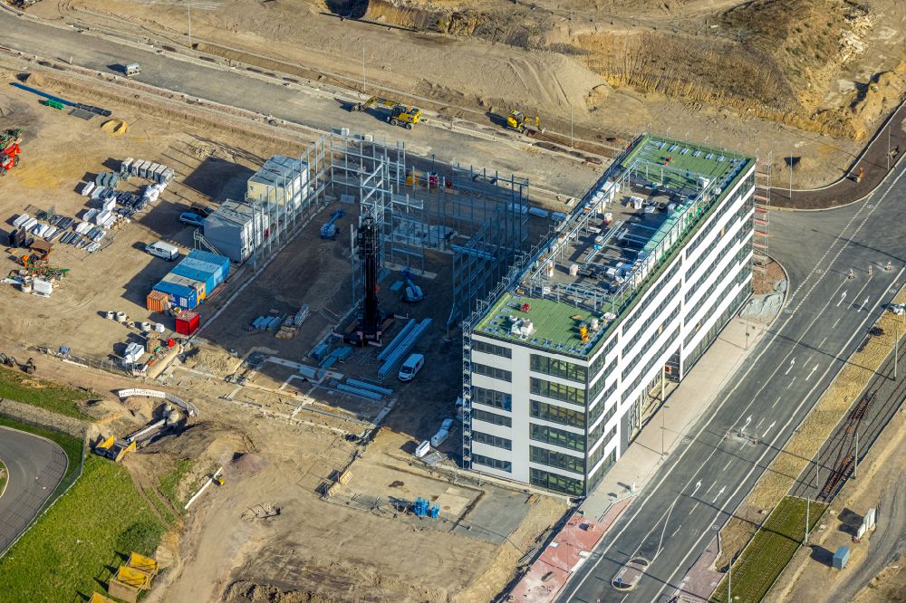 Aerial image Bochum - Construction site to build a new office and commercial building of Zetcon Ingenieur GmbH on street Suttner-Nobel-Allee in the district Laer in Bochum at Ruhrgebiet in the state North Rhine-Westphalia, Germany