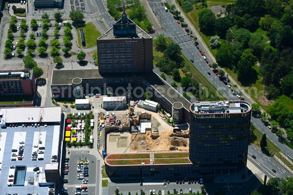 Aerial image Braunschweig - Construction site of new Building on the skyscraper at BRAWOPARK of the Volksbank in Braunschweig in the state Lower Saxony