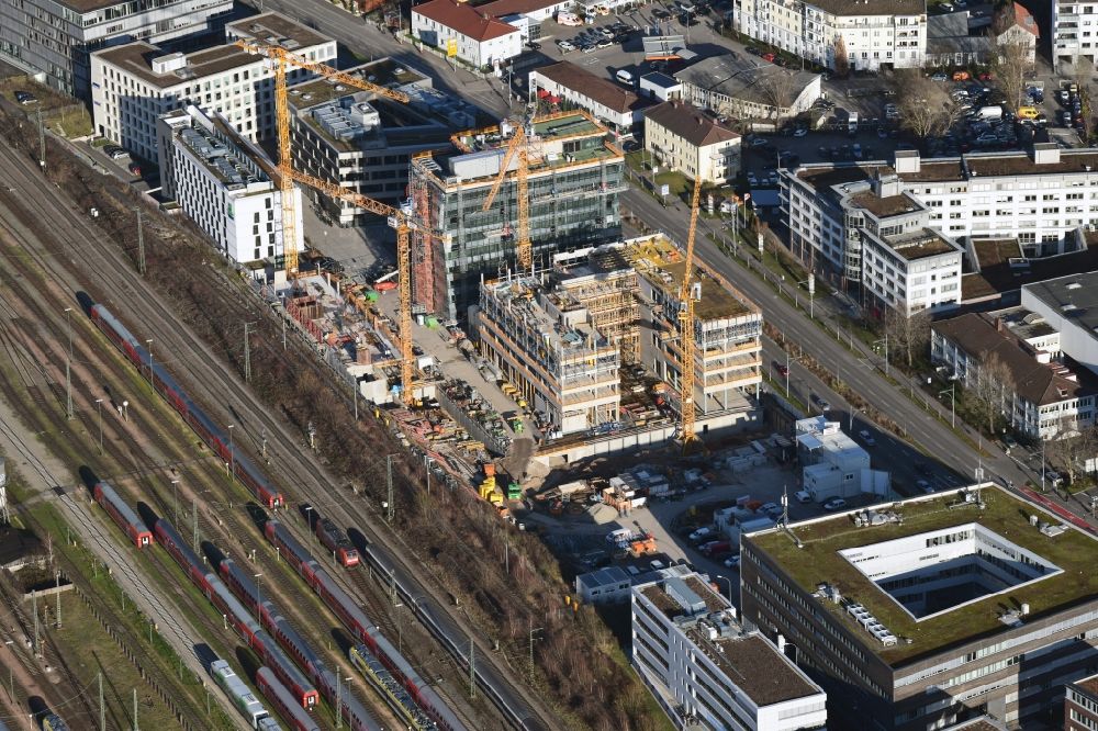 Freiburg im Breisgau from above - Construction site to build a new office and commercial building on Heinrich-von-Stephan-Strasse in Freiburg im Breisgau in the state Baden-Wurttemberg, Germany